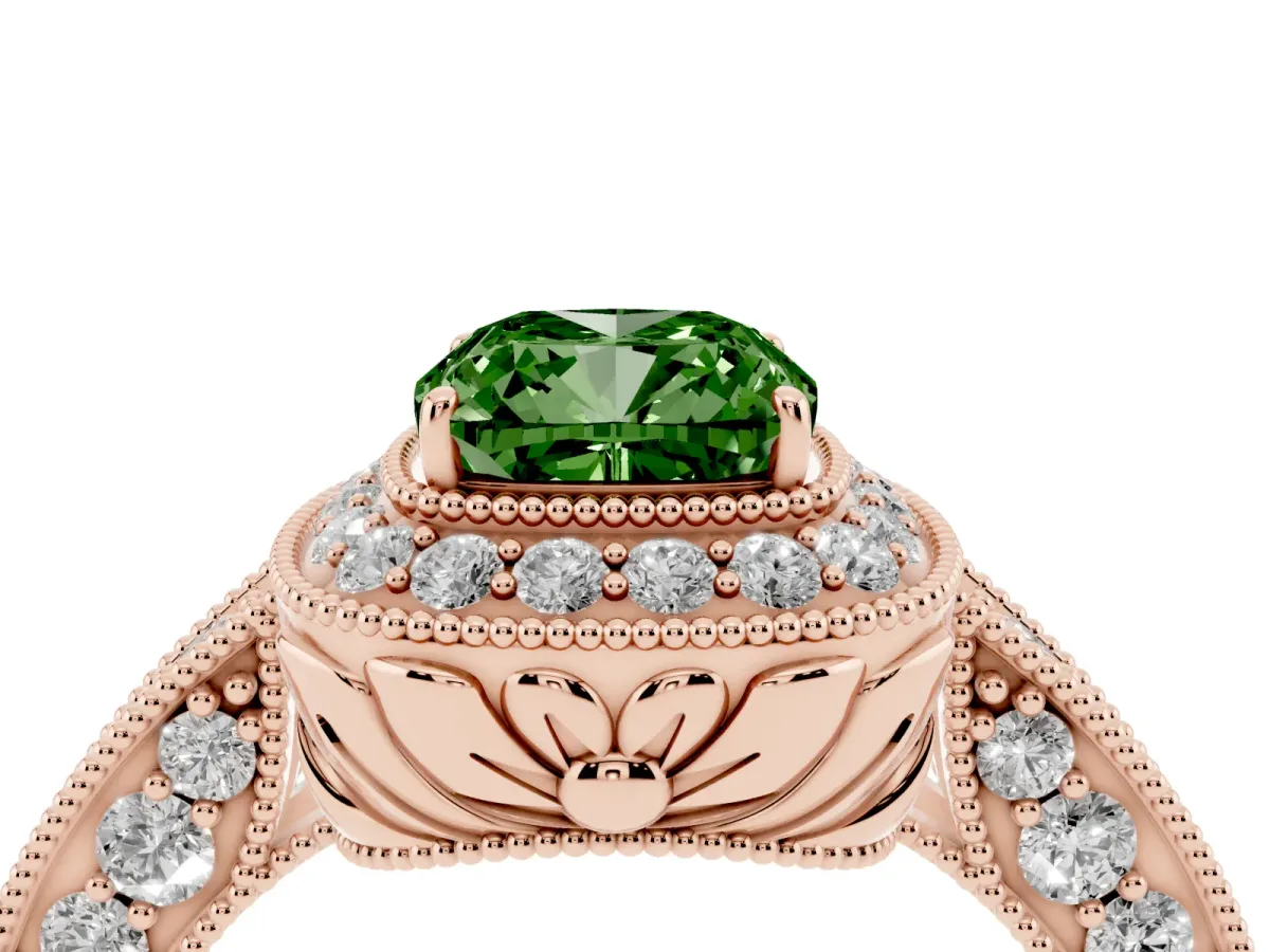 Fancy Green Cushion Cut Halo Diamond Split Shank Ring with Milgrain Detail Rose gold