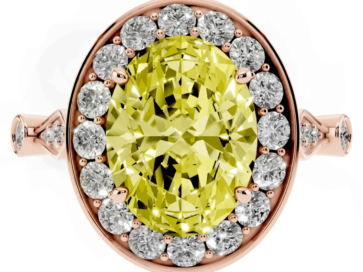 Fancy Yellow Oval Cut Halo Diamond Engagement Ring with Twisted Band and Four-Prong Setting Rose gold