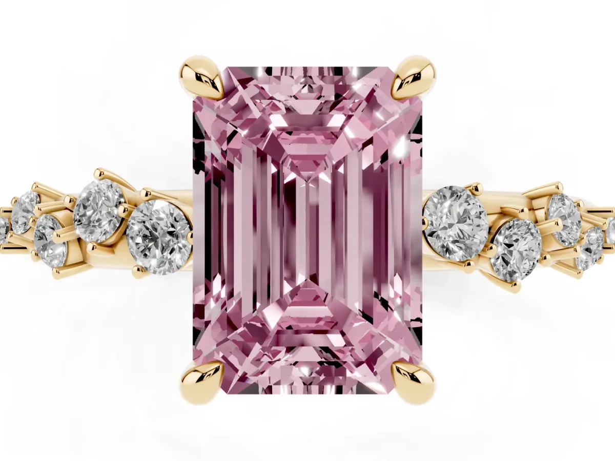 Fancy Pink Emerald Cut Cut Diamond Vine Band with Four-Prong Setting Yellow gold
