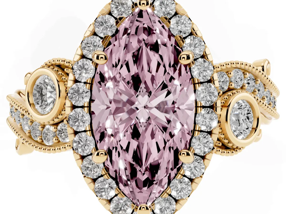 Fancy Pink Marquise Cut Diamond Halo Ring with Milgrain Pavé Band and Four-Prong Setting Yellow gold