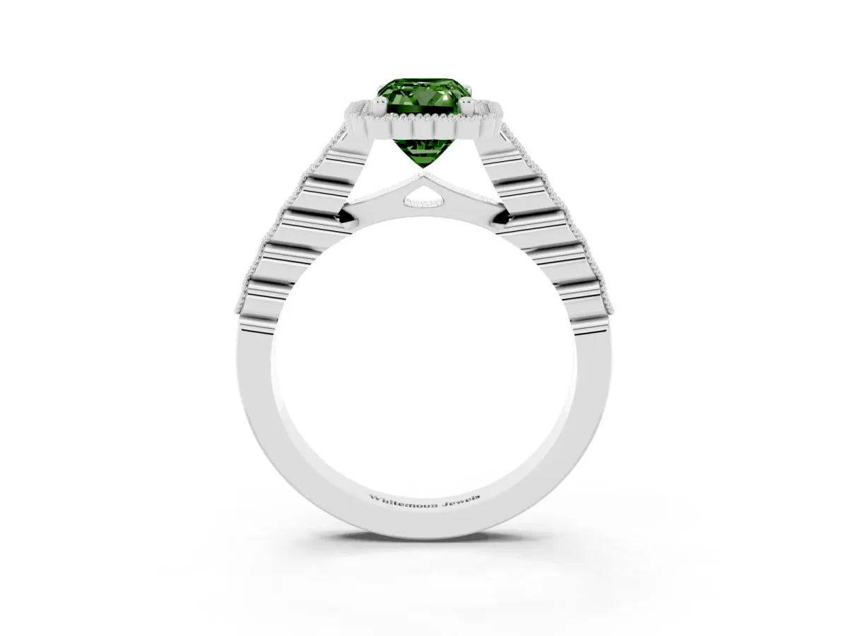 Fancy Green Radiant Cut Cut Halo Pavé Solitaire Ring with Milgrain Band Platinum