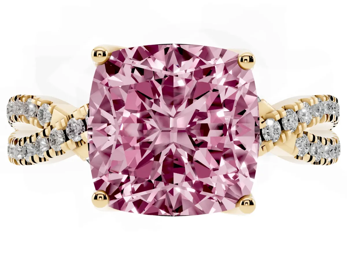 Fancy Pink Cushion Cut Solitaire Twist Pave Diamond Engagement Ring with Prong Setting Yellow gold