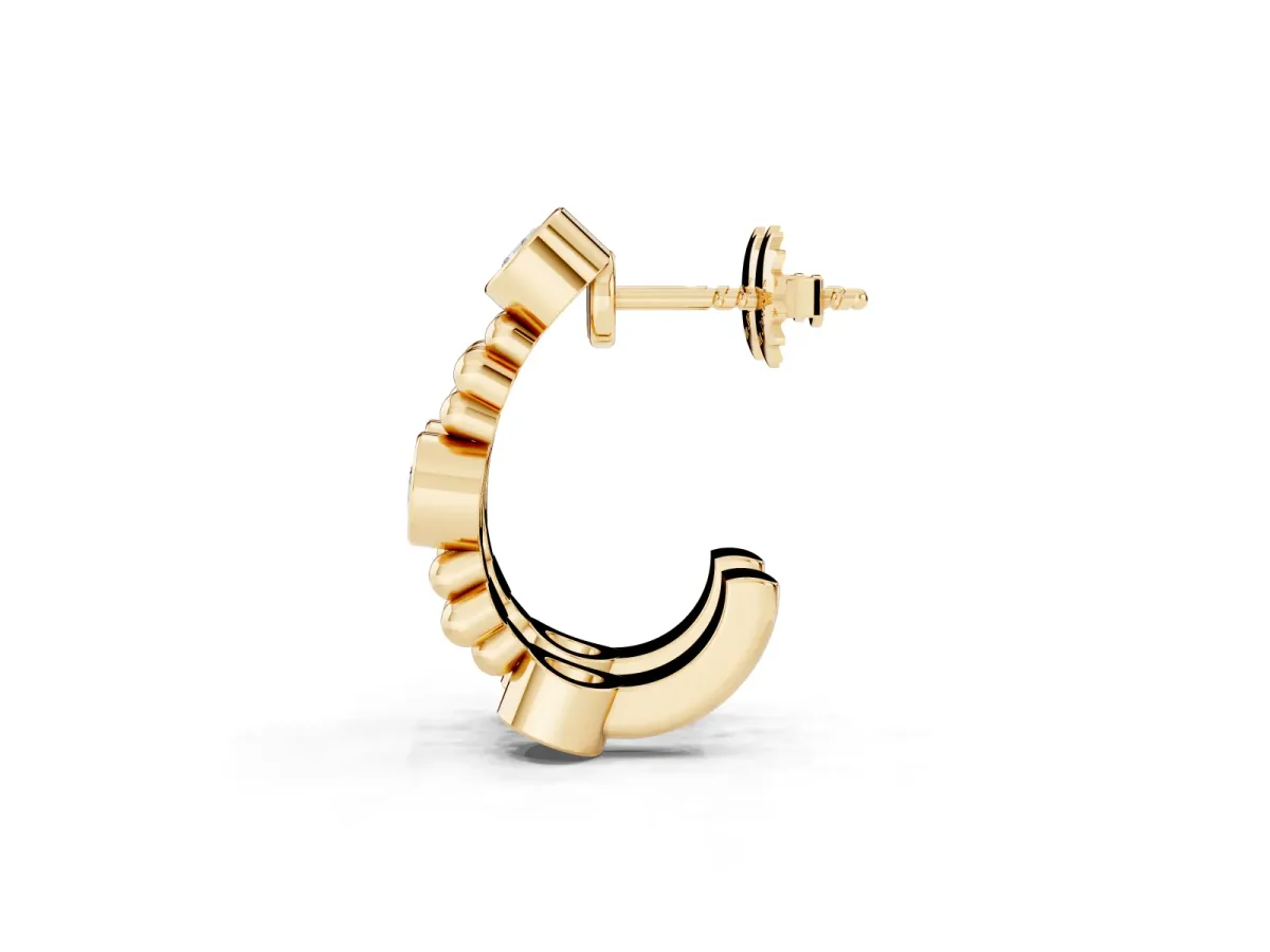 Bezel Set Round Diamond Beaded Hoop Earrings Yellow gold