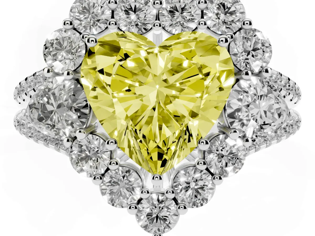 Fancy Yellow Heart Cut Halo Split Shank Diamond Engagement Ring with Prong Setting Silver