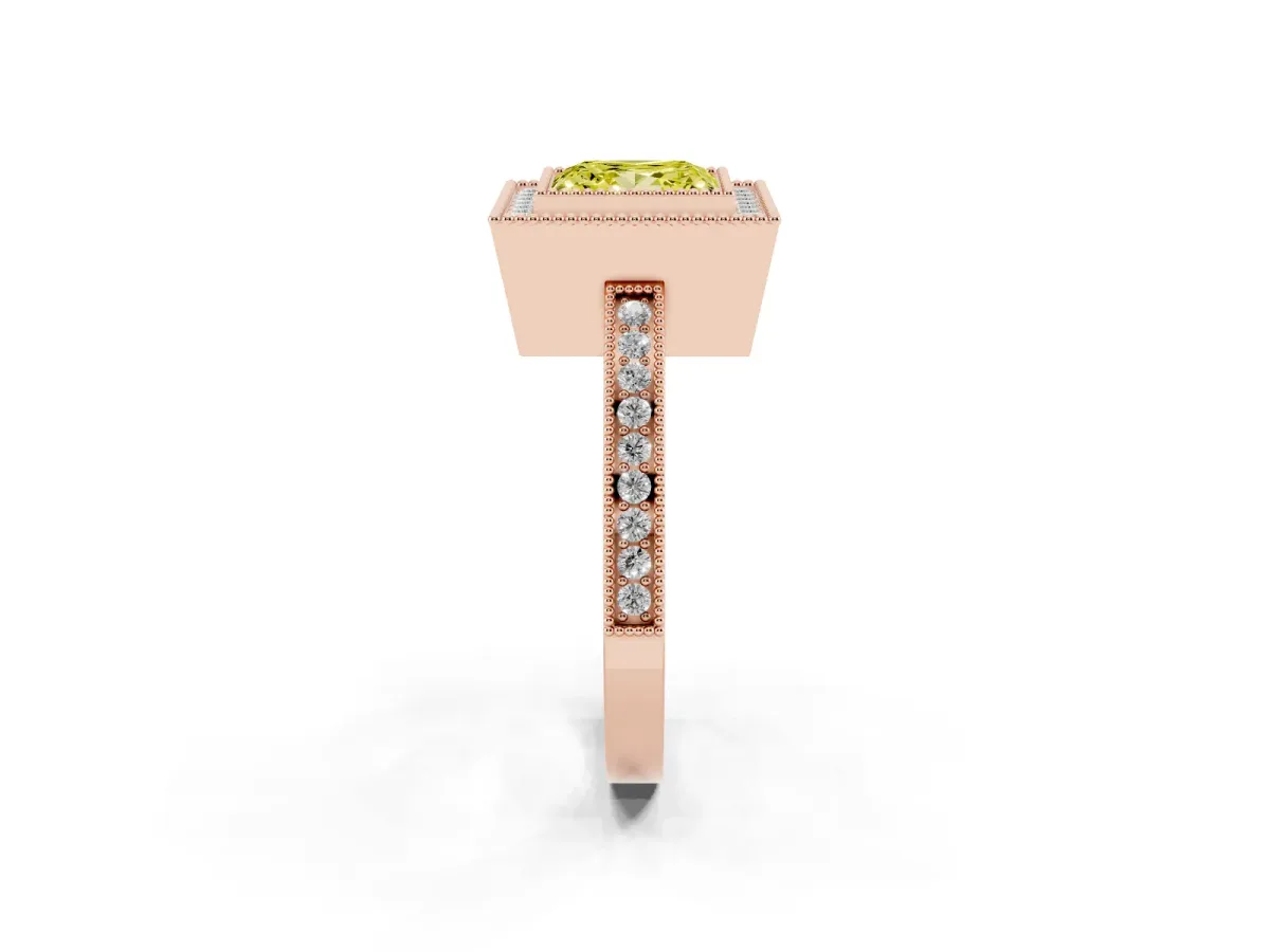 Fancy Yellow Princess Cut Cut Halo Diamond Ring with Pavé Band and Milgrain Prong Setting Rose gold