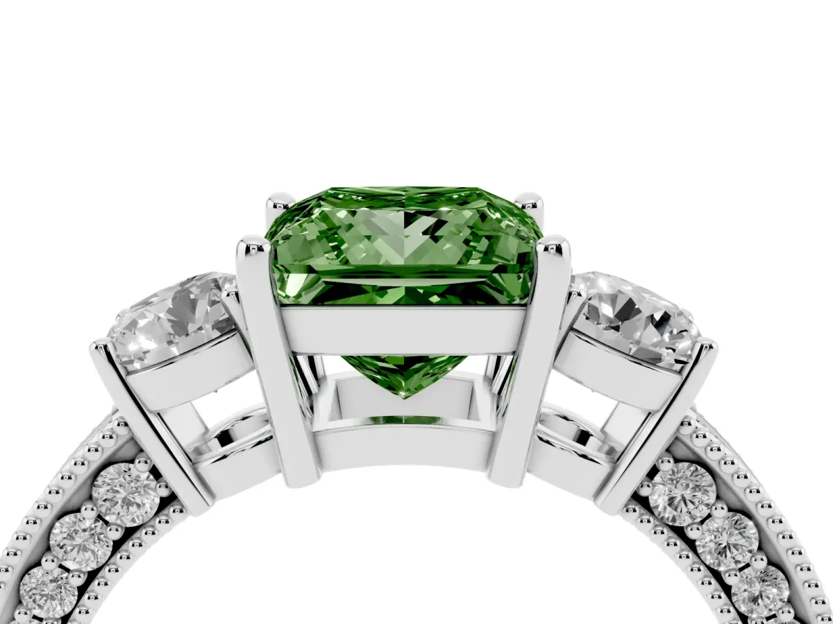 Fancy Green Princess Cut Three-Stone Diamond Ring with Pavé Band and Four-Prong Setting Silver