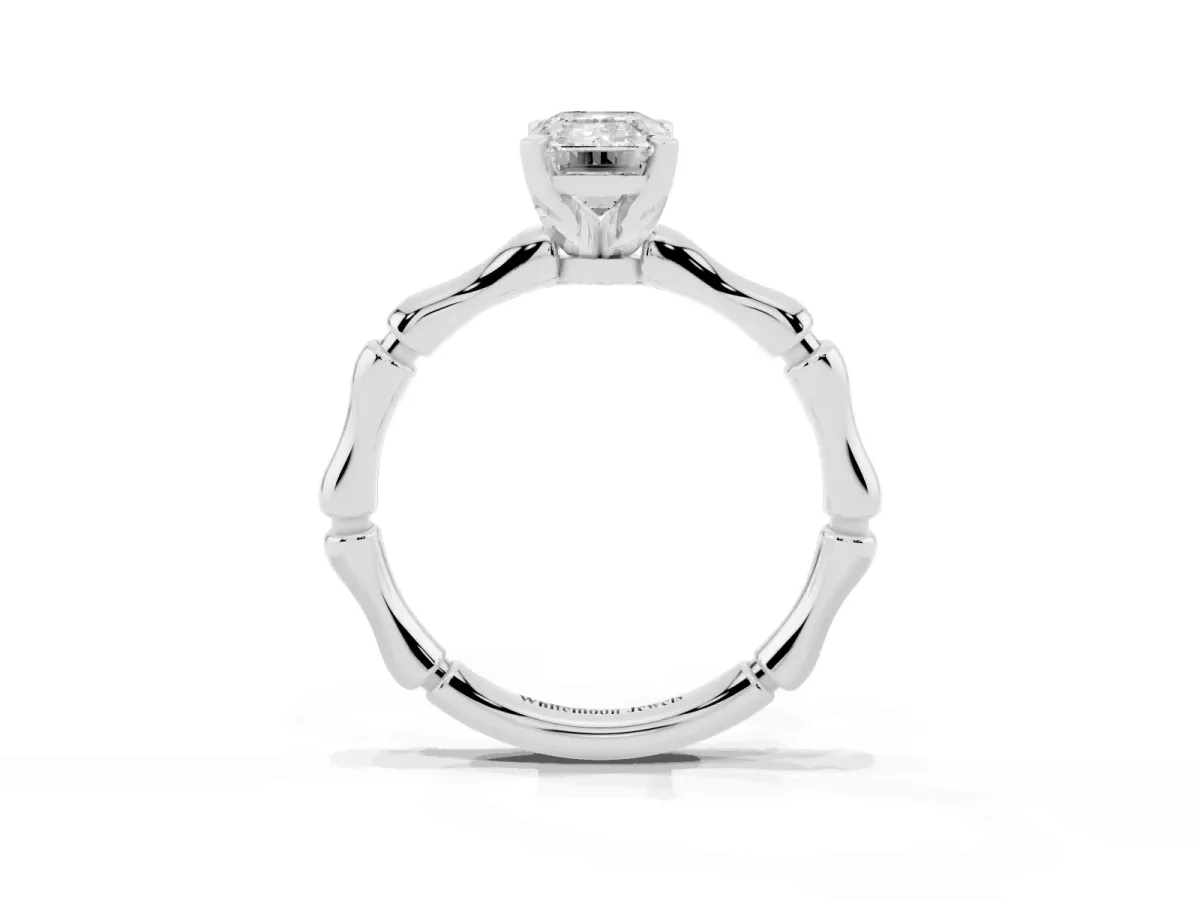 Emerald Cut Solitaire Diamond Ring with Bamboo Band and Four-Prong Setting Silver