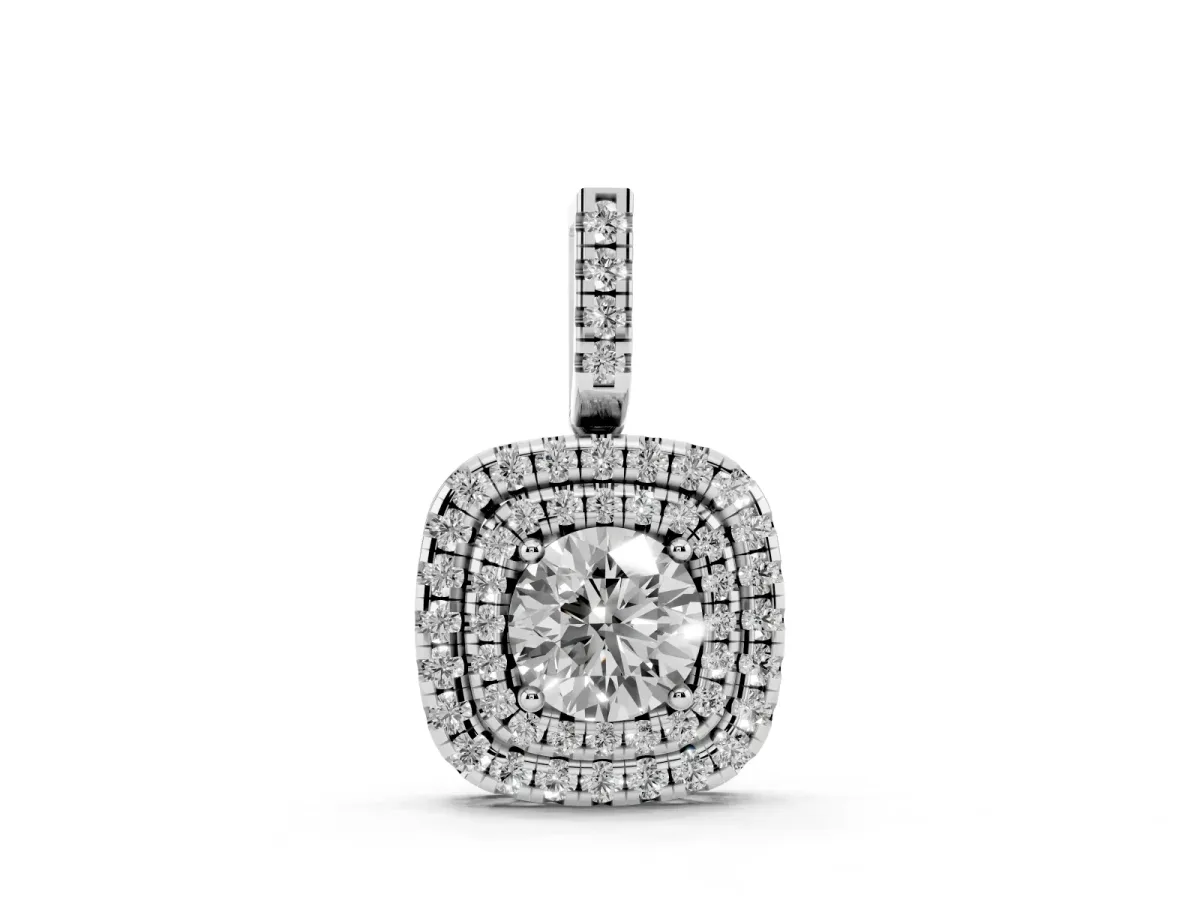 Double Halo Round Diamond Pendant with Pavé Setting and Prong Setting Silver