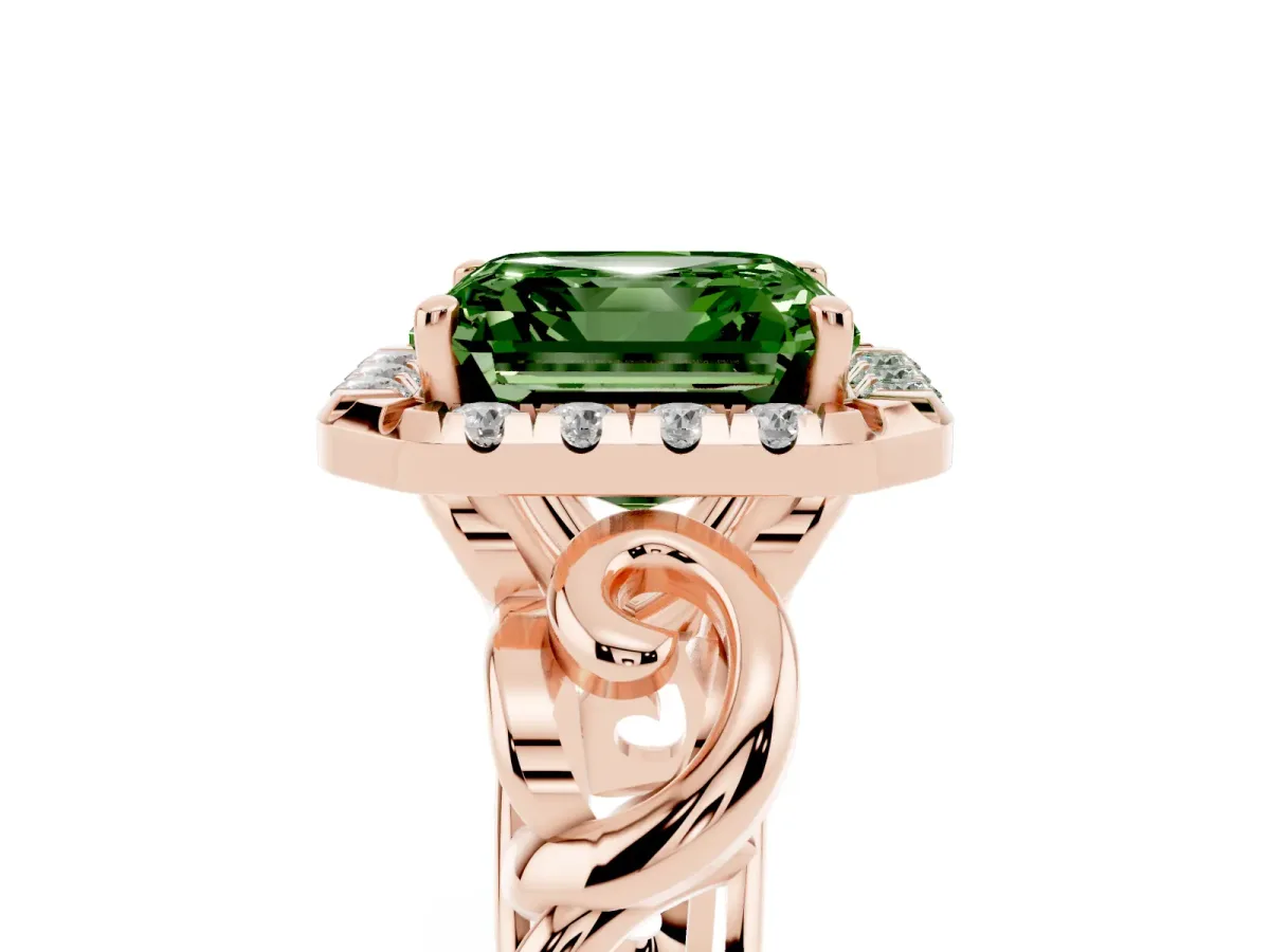 Fancy Green Asscher Cut Cut Halo Diamond Ring with Scrollwork Band and Four-Prong Setting Rose gold