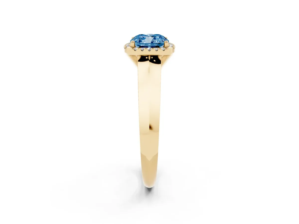 Fancy Blue Cushion Cut Halo Diamond Ring with Cathedral Band and Four-Prong Setting Yellow gold