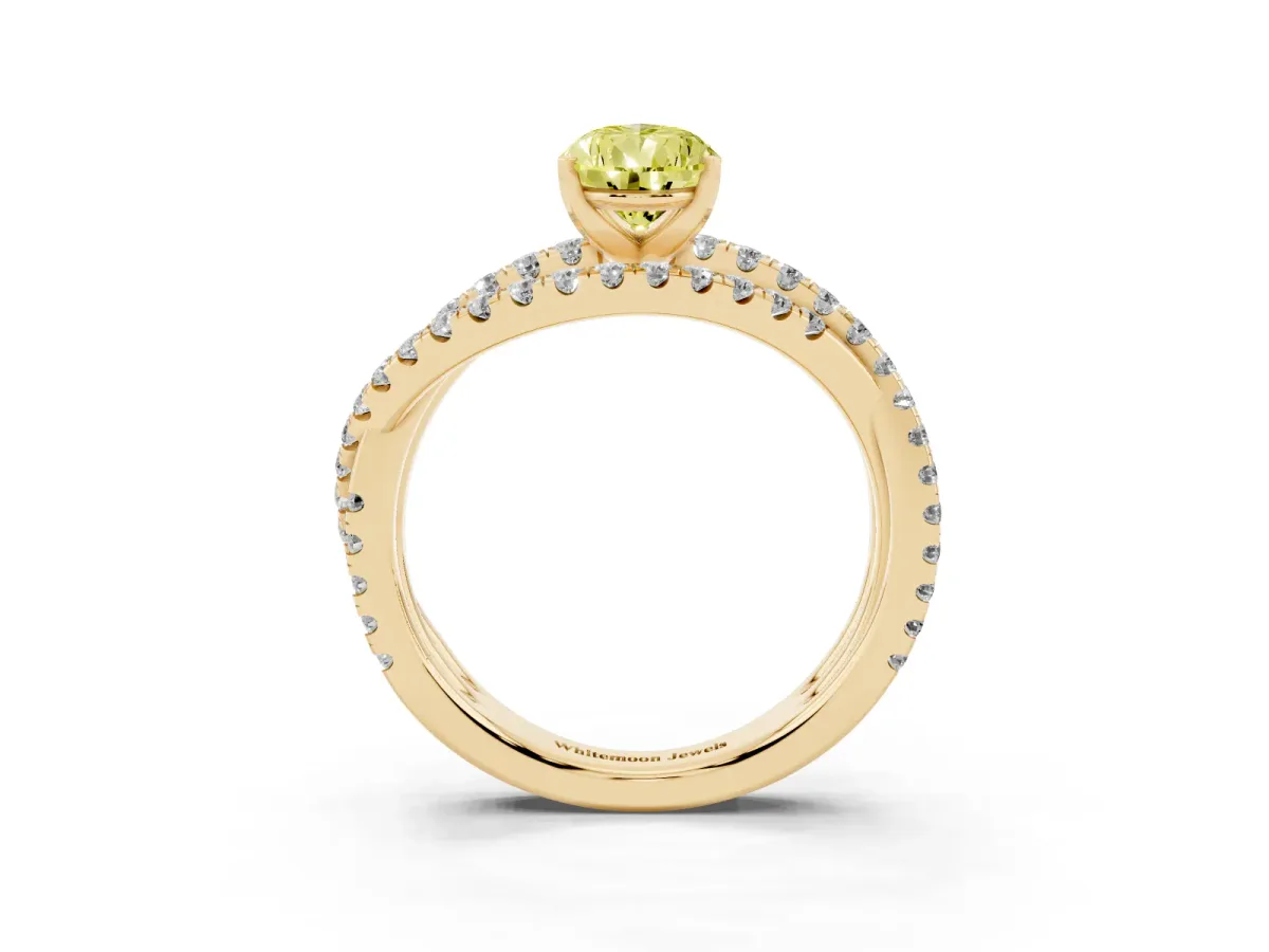 Fancy Yellow Pear Cut Solitaire Twist Band with Pavé Setting and Four-Prong Setting Yellow gold
