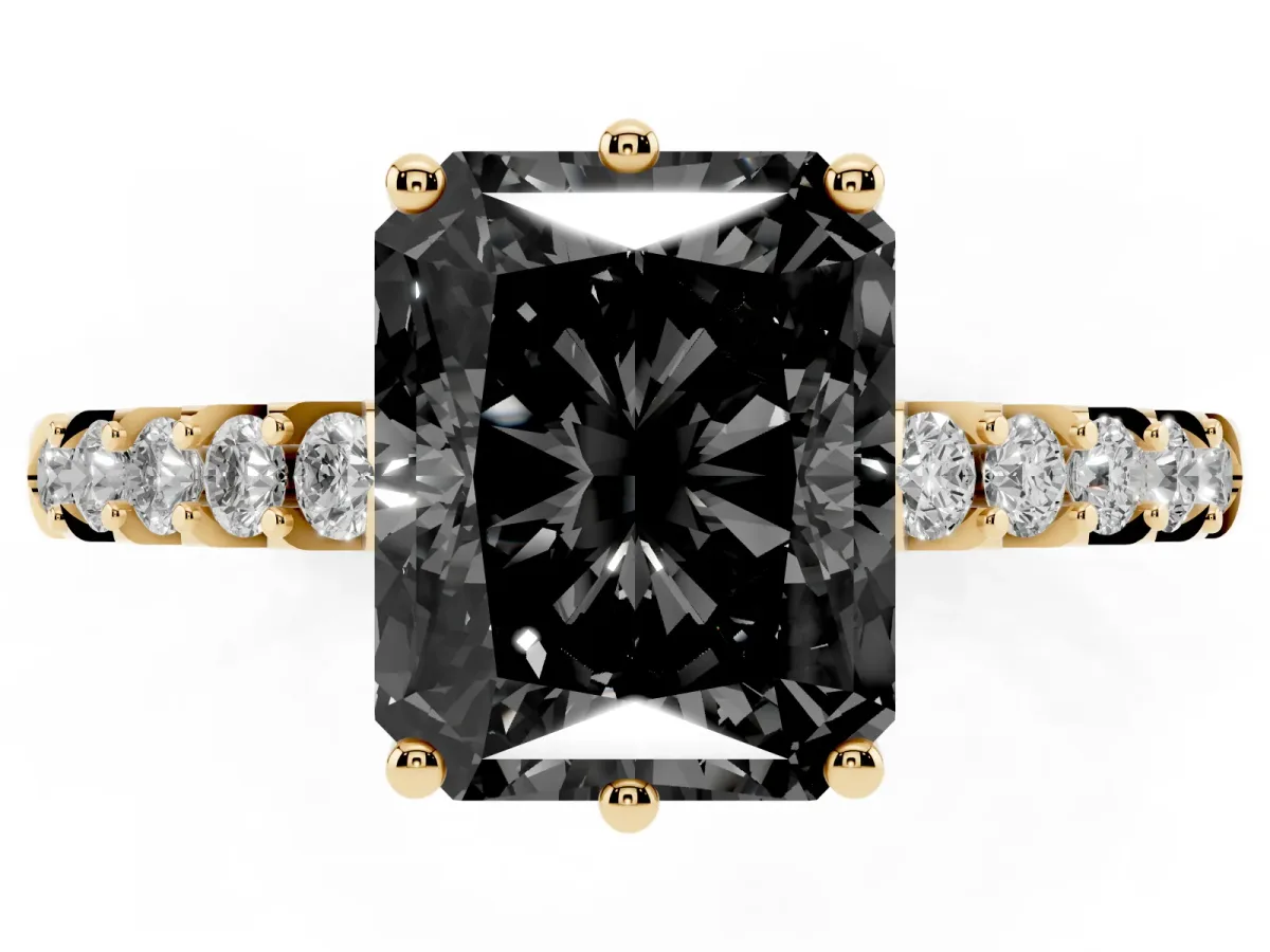 Fancy Black Radiant Cut Solitaire Diamond Engagement Ring with Pavé Band and Six-Prong Setting Yellow gold
