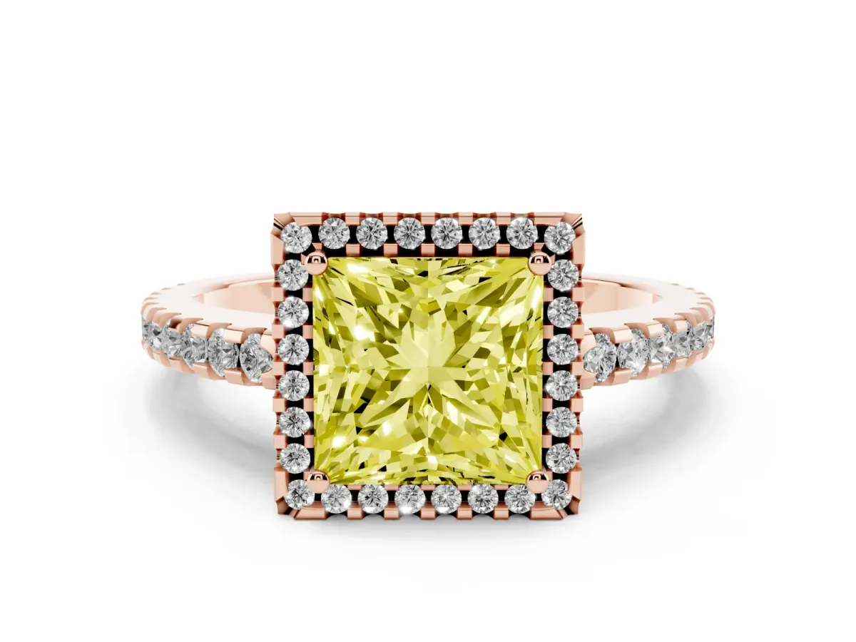 Fancy Yellow Princess Cut Diamond Halo Engagement Ring with Pavé Band and Prong Setting Rose gold
