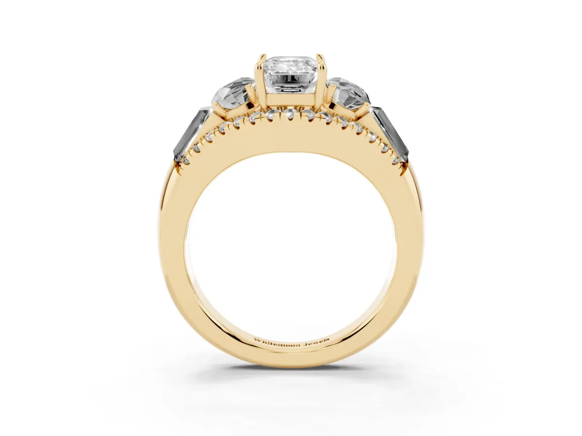 Three-Stone Emerald Cut Diamond Engagement Ring with Pave Band and Prong Setting Yellow gold