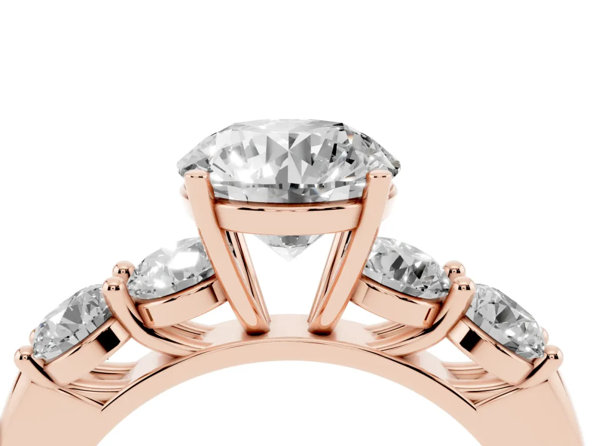 Round Cut Cut Five-Stone Prong Set Diamond Ring with Classic Band Rose gold