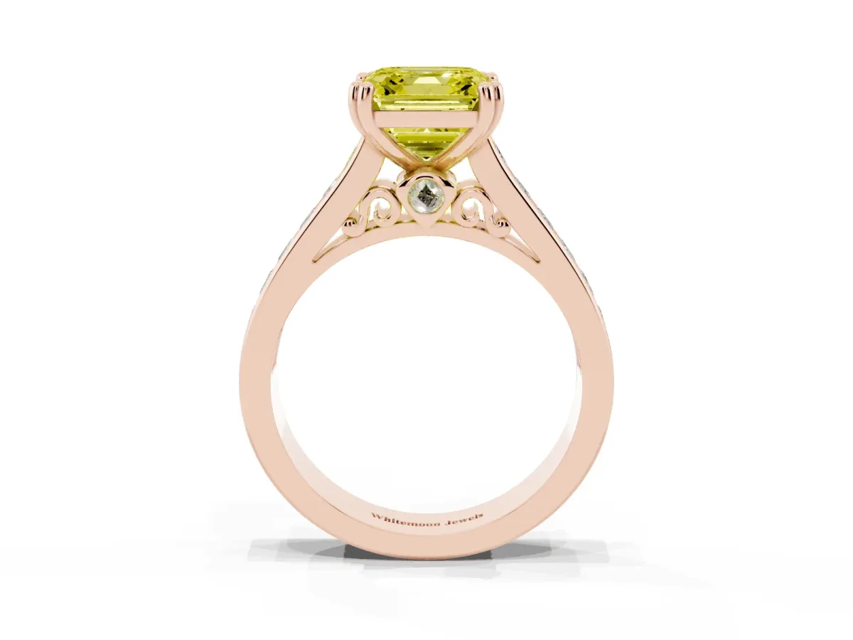 Fancy Yellow Asscher Cut Cut Channel Set Solitaire Engagement Ring with Prong Setting Rose gold