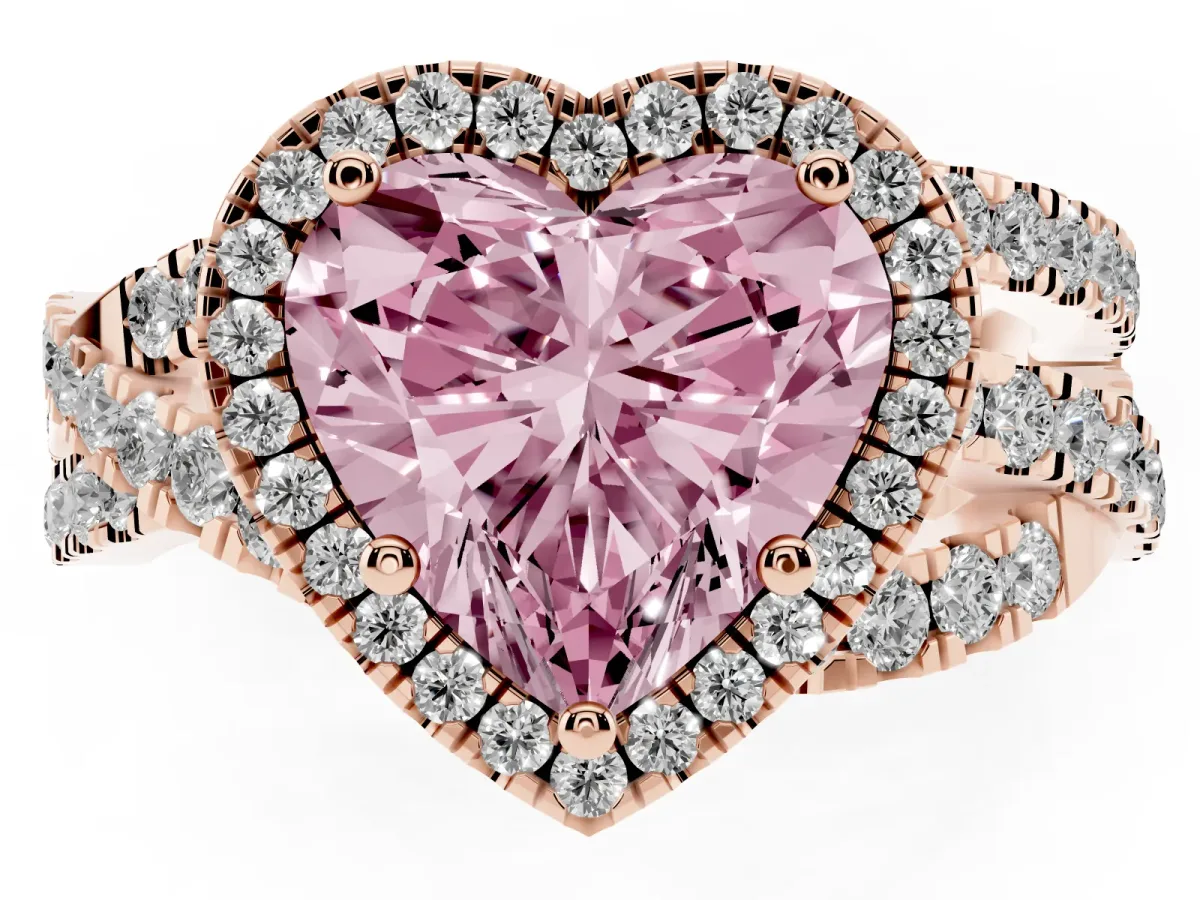 Fancy Pink Heart Cut Diamond Halo Ring with Round Split Shank and Prong Setting Rose gold