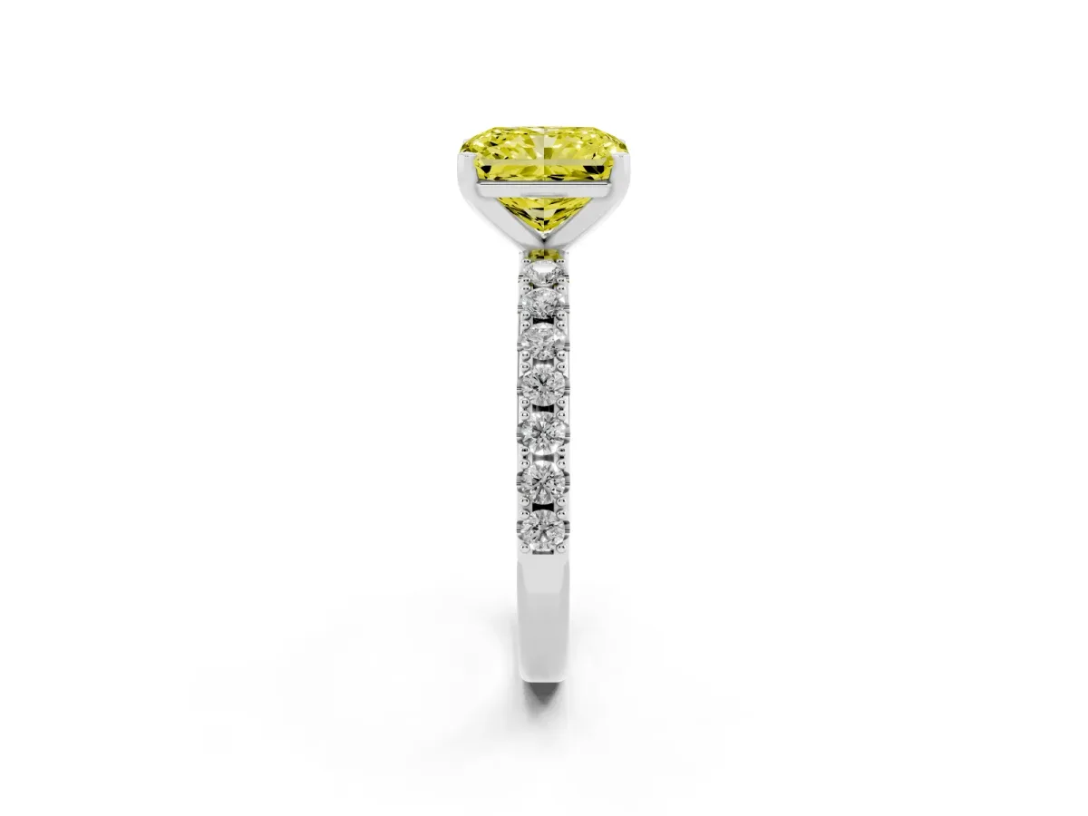 Fancy Yellow Radiant Cut Diamond Solitaire Pavé Band with Four-Prong Setting Silver
