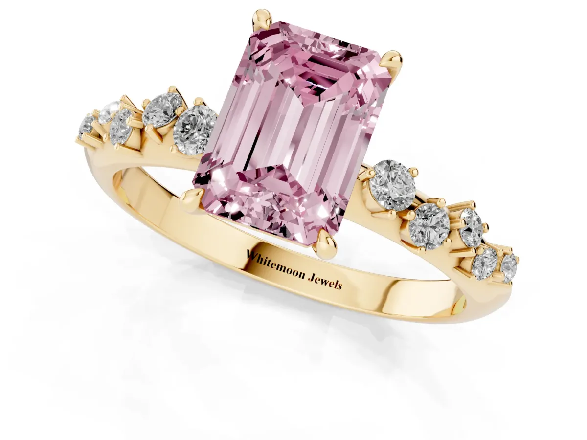 Fancy Pink Emerald Cut Diamond Cluster Side Stone Solitaire Ring with Prong Setting Yellow gold