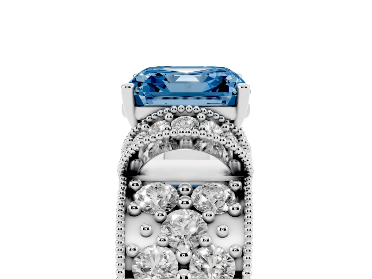 Fancy Blue Asscher Cut Halo Pave Diamond Engagement Ring with Milgrain Detailing Platinum