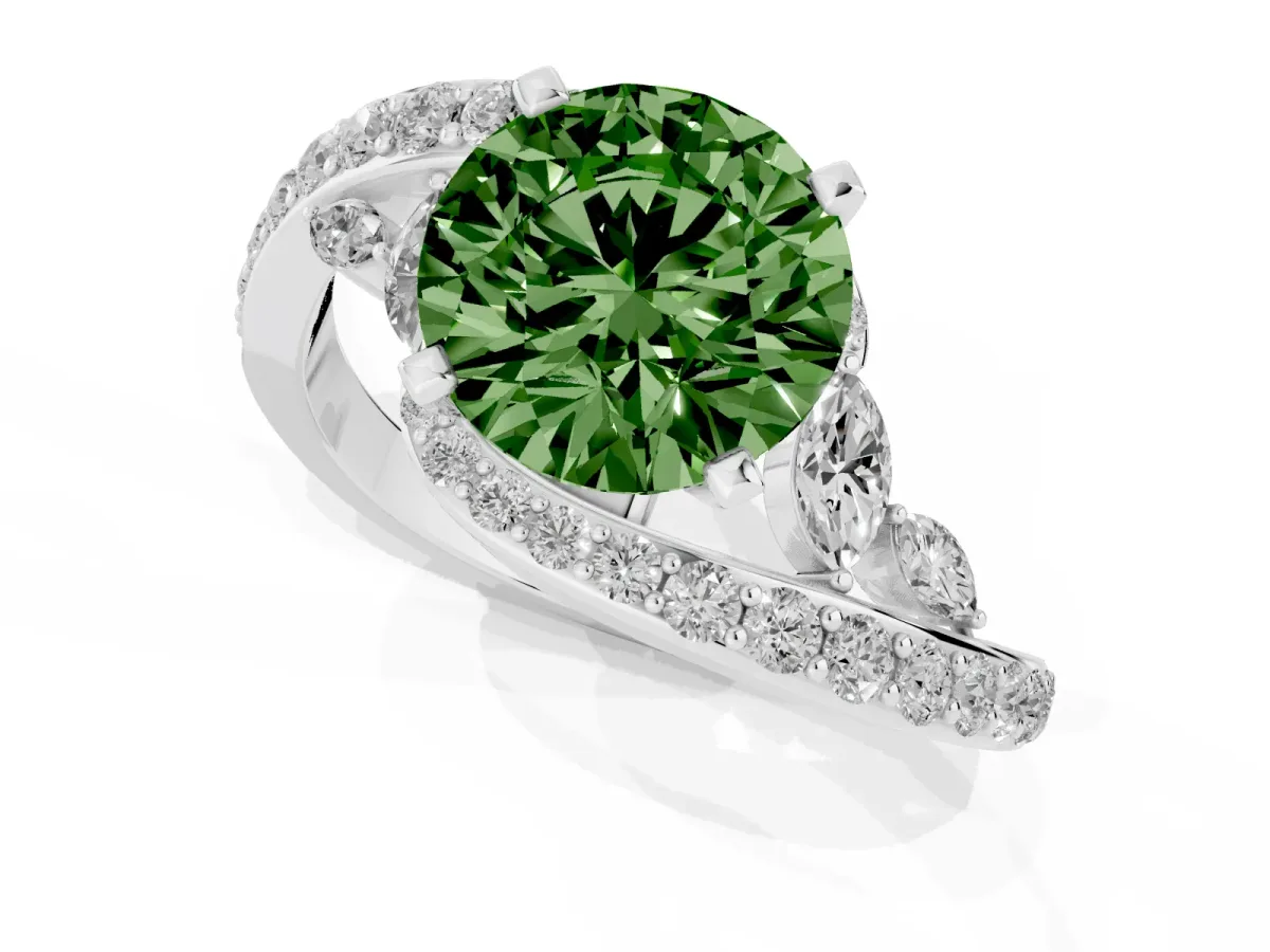 Fancy Green Round Cut Solitaire with Pavé Twist Band and Four-Prong Setting White gold