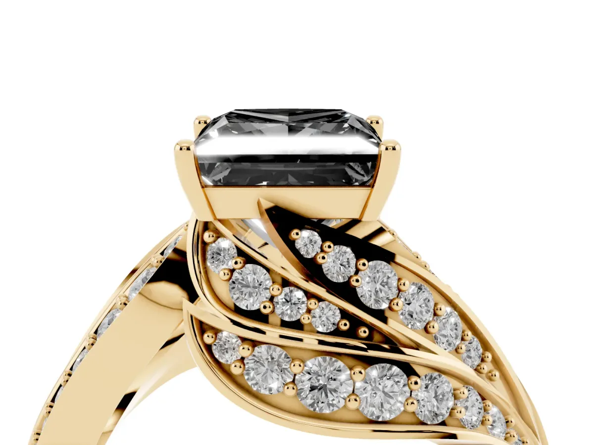 Fancy Black Princess Cut Diamond Solitaire Ring with Prong Setting and Twisted Pavé Band Yellow gold