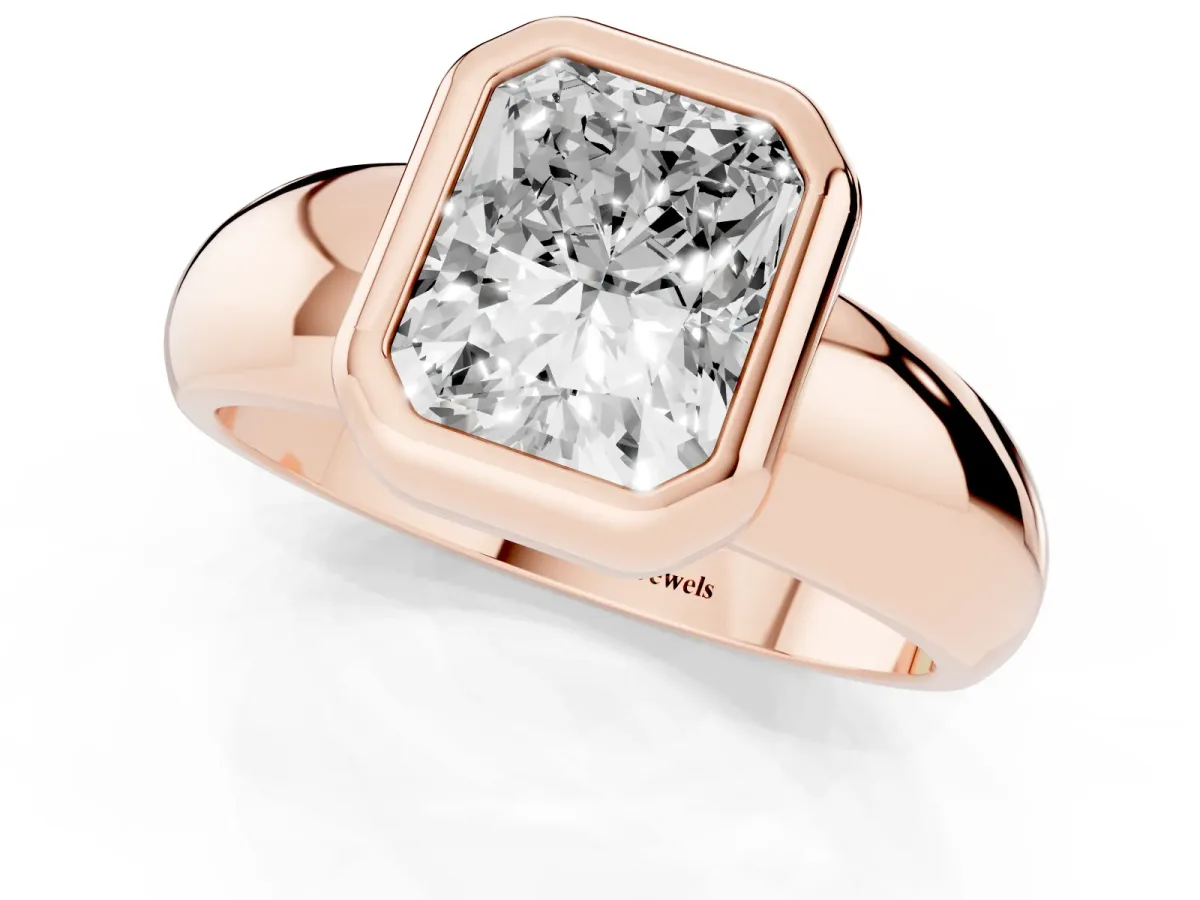 Bezel Set Radiant Cut Solitaire Ring with Wide Band Rose gold