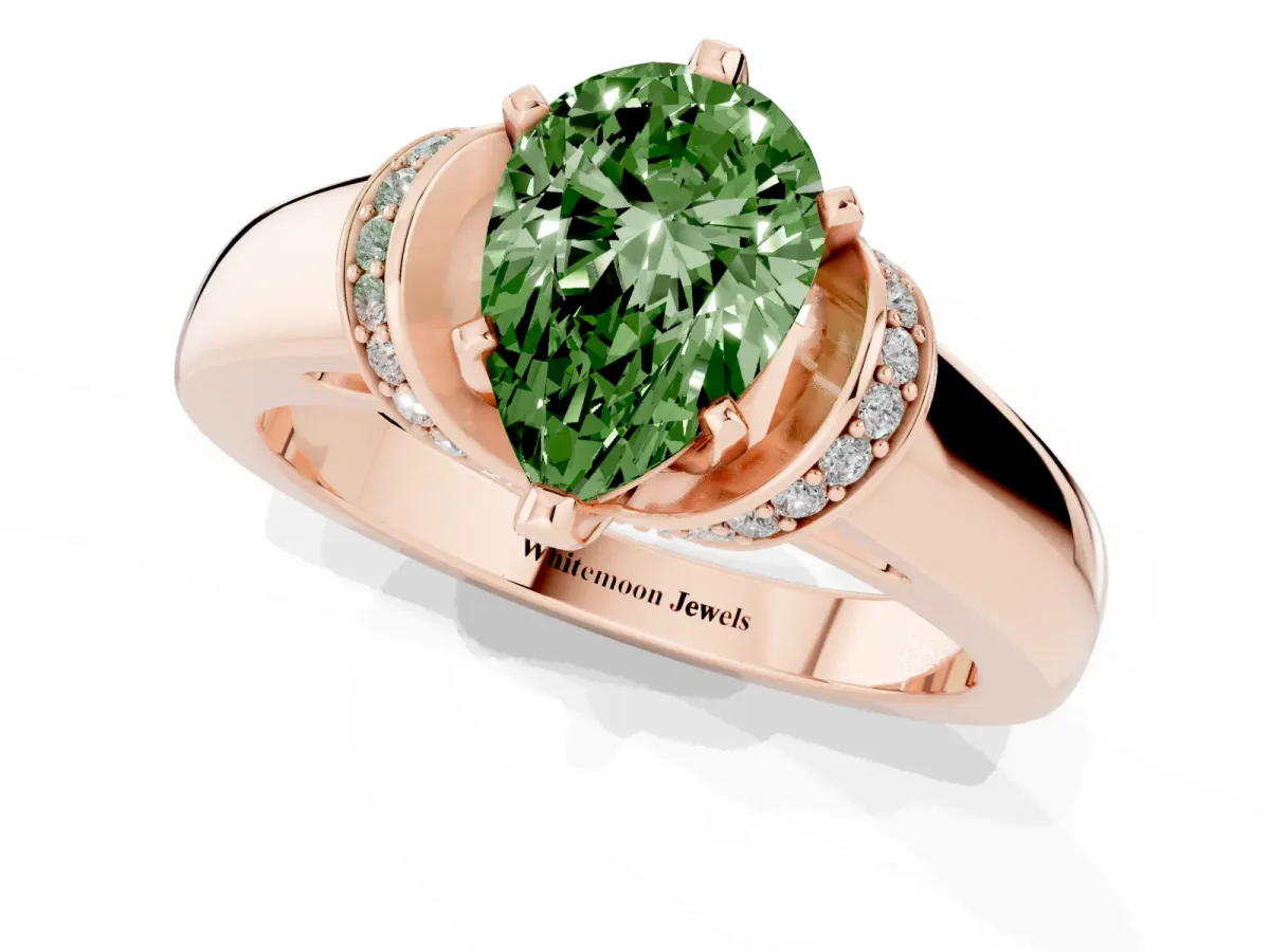 Fancy Green Pear Cut Solitaire Diamond Ring with Pave Band and Six-Prong Setting Rose gold