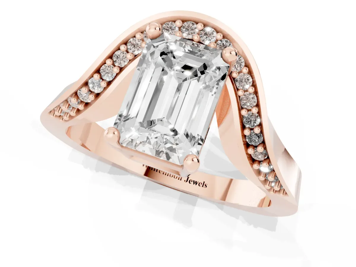 Emerald Cut Solitaire Diamond Engagement Ring with Pave Band and Four-Prong Setting Rose gold