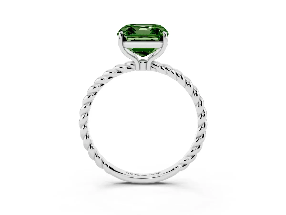 Fancy Green Asscher Cut Solitaire Twist Band Ring with Four-Prong Setting Silver