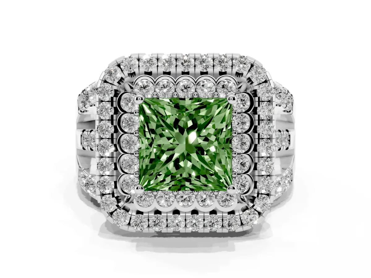 Fancy Green Princess Cut Diamond Double Halo Ring with Round Pavé Split Shank and Prong Setting Silver