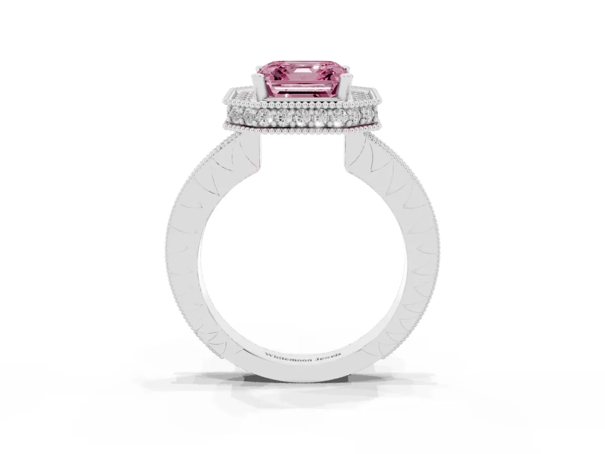 Fancy Pink Asscher Cut Diamond Milgrain Halo Engagement Ring with Round Pavé Band and Prong Setting Platinum