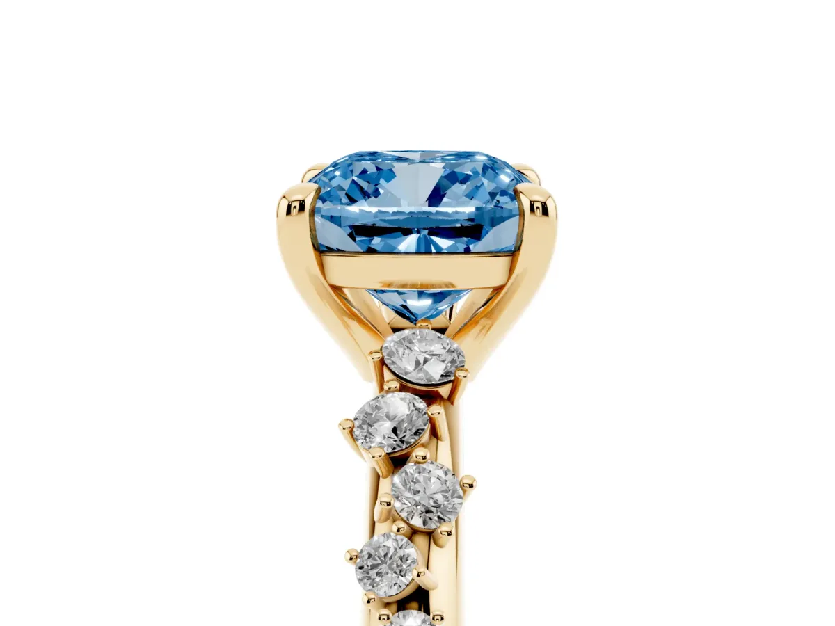 Fancy Blue Cushion Cut Cut Diamond Vine Band with Four-Prong Setting Yellow gold
