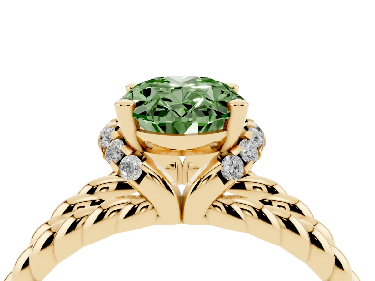 Fancy Green Oval Cut Halo Twisted Band Four-Prong Ring Yellow gold