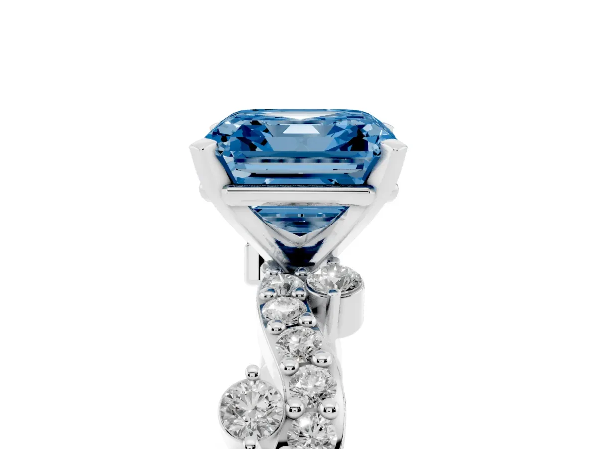 Fancy Blue Asscher Cut Cut Solitaire Diamond Twisted Band with Pave Setting Silver