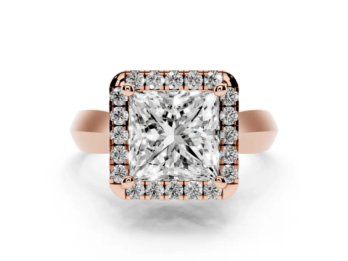 Princess Cut Cut Halo Solitaire Engagement Ring with Square Band and Four-Prong Setting Rose gold