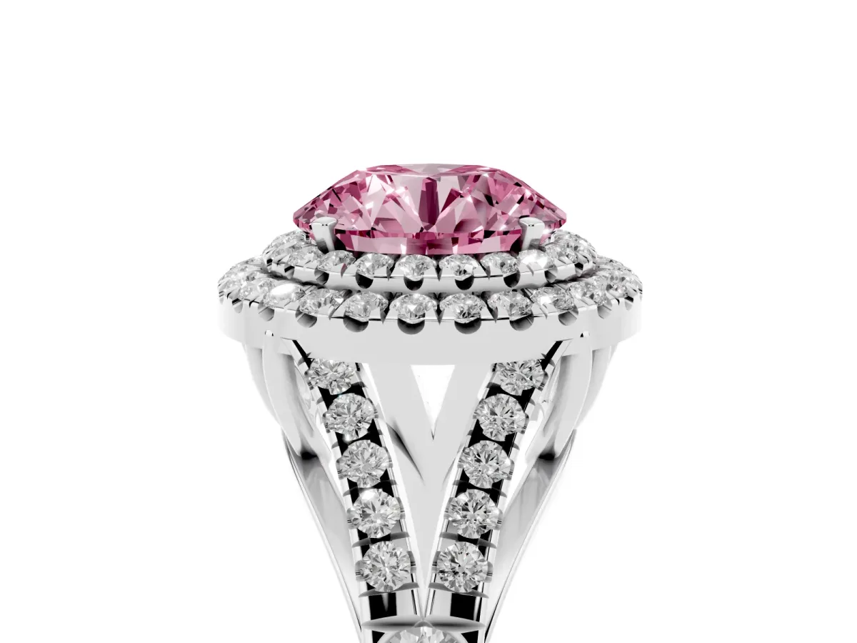Fancy Pink Double Halo Round Cut Diamond Split Shank Engagement Ring with Four-Prong Setting Silver