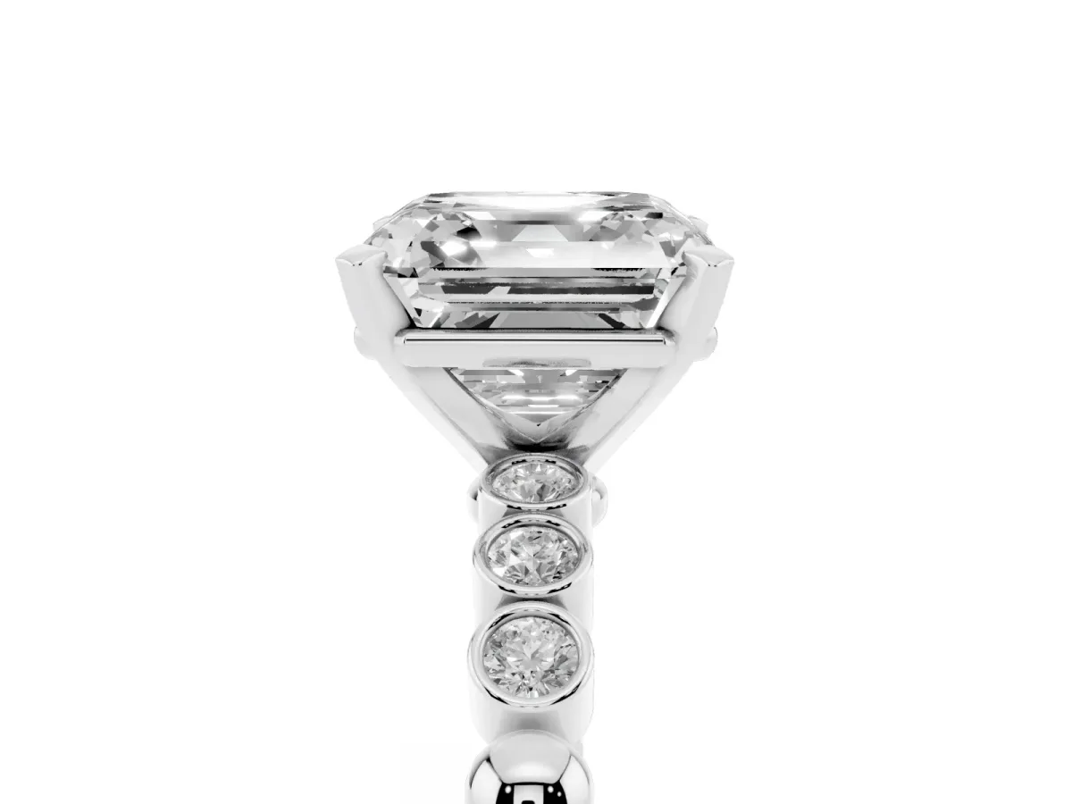 Asscher Cut Solitaire Bezel Accent Diamond Engagement Ring with Beaded Band and Four-Prong Setting Silver