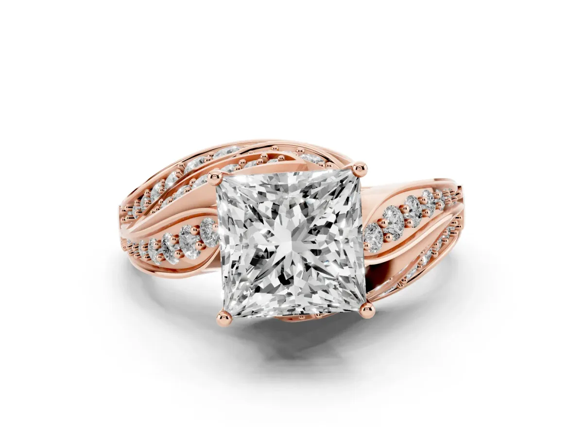Princess Cut Diamond Solitaire Ring with Prong Setting and Twisted Pavé Band Rose gold