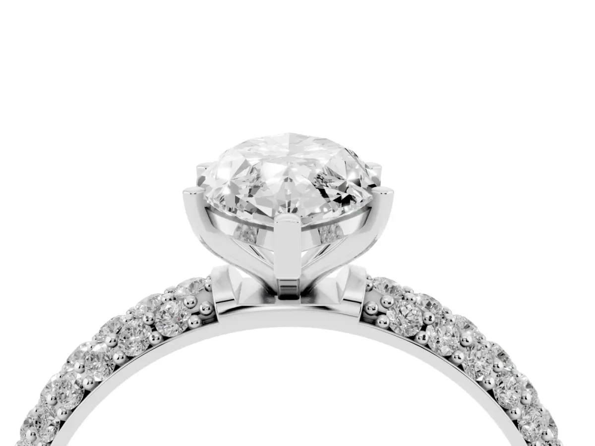 Marquise Cut Diamond Solitaire Ring with Prong Setting and Pavé Band Silver