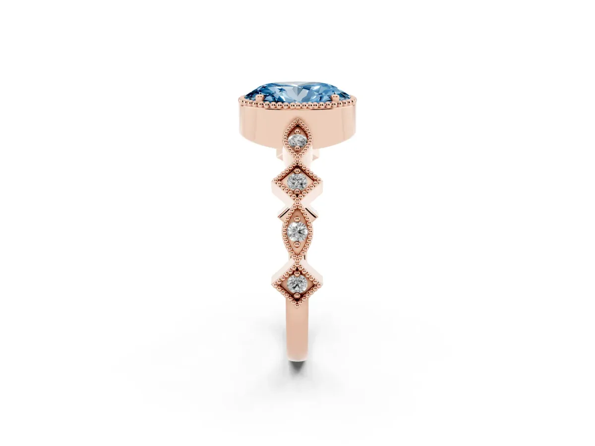 Fancy Blue Oval Cut Milgrain Marquise Diamond Twist Band Ring Rose gold