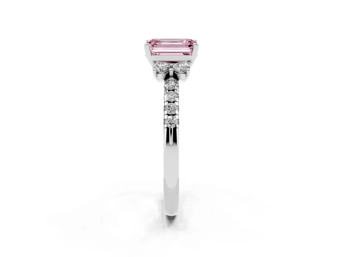 Fancy Pink Emerald Cut Diamond Three-Stone Pave Band with Four-Prong Setting Silver
