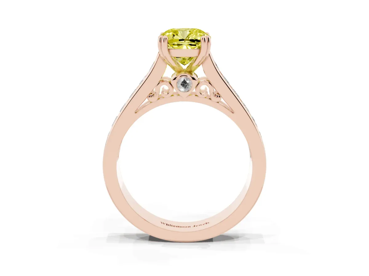 Fancy Yellow Cushion Cut Cut Channel Set Solitaire Engagement Ring with Prong Setting Rose gold