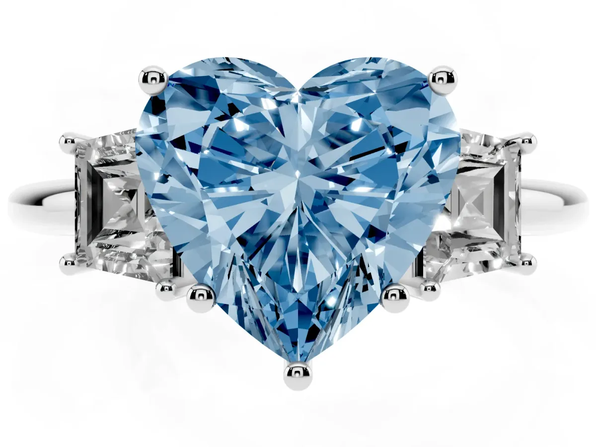 Fancy Blue Heart Cut Diamond Three-Stone Ring with Trapezoid Side Stones and Prong Setting Silver