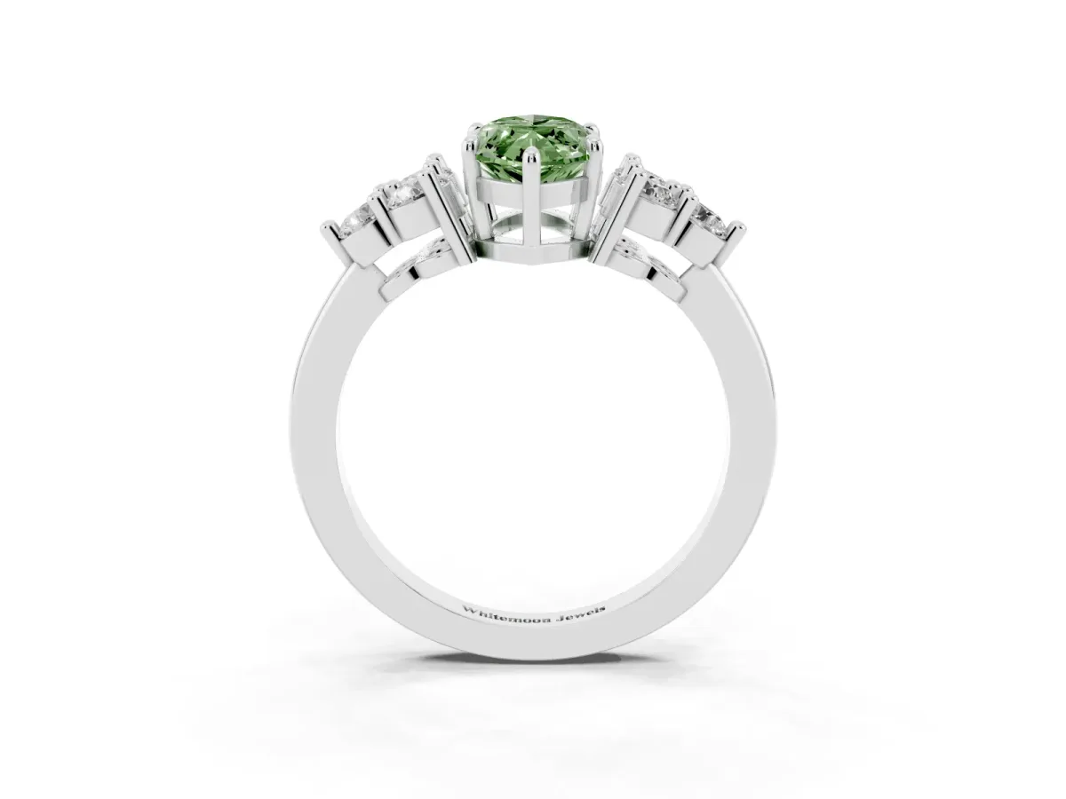 Fancy Green Marquise Cut Brilliant Diamond Cluster Accent Solitaire Ring with Prong Setting Silver