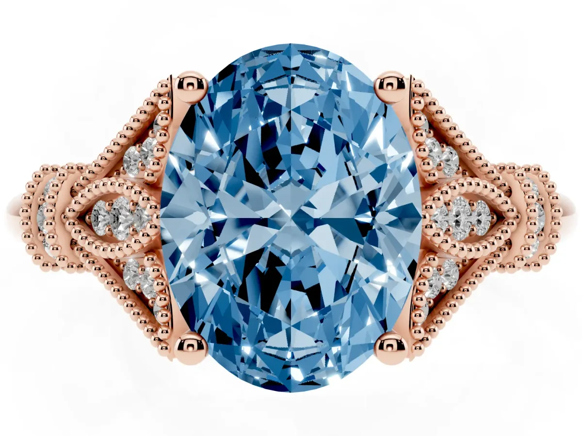 Fancy Blue Oval Cut Diamond Solitaire Ring with Floral Filigree and Pave Accents Rose gold