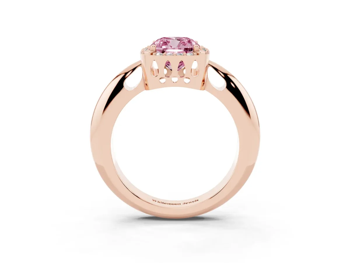 Fancy Pink Cushion Cut Cut Diamond Halo Engagement Ring with Split Shank and Four-Prong Setting Rose gold