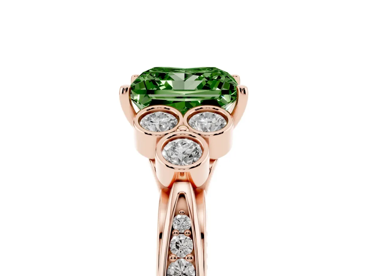 Fancy Green Princess Cut Cut Diamond Engagement Ring with Bezel Set Round Side Stones and Prong Setting Rose gold