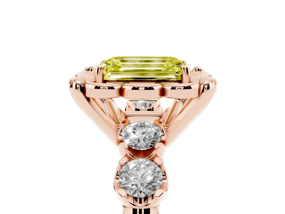 Fancy Yellow Emerald Cut Cut Diamond Floral Halo Engagement Ring with Shared Prong Setting Rose gold