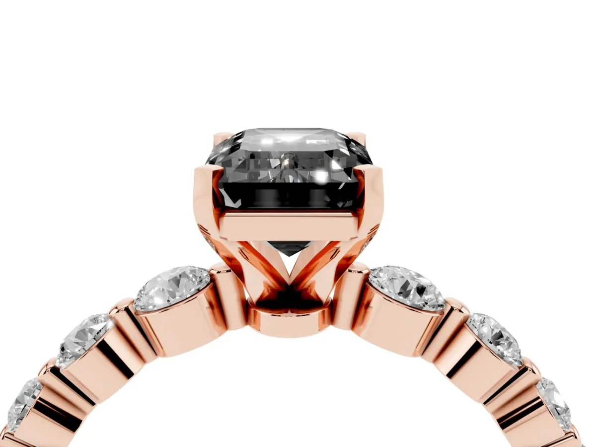 Fancy Black Emerald Cut Solitaire Diamond Ring with Pave Band and Four-Prong Setting Rose gold